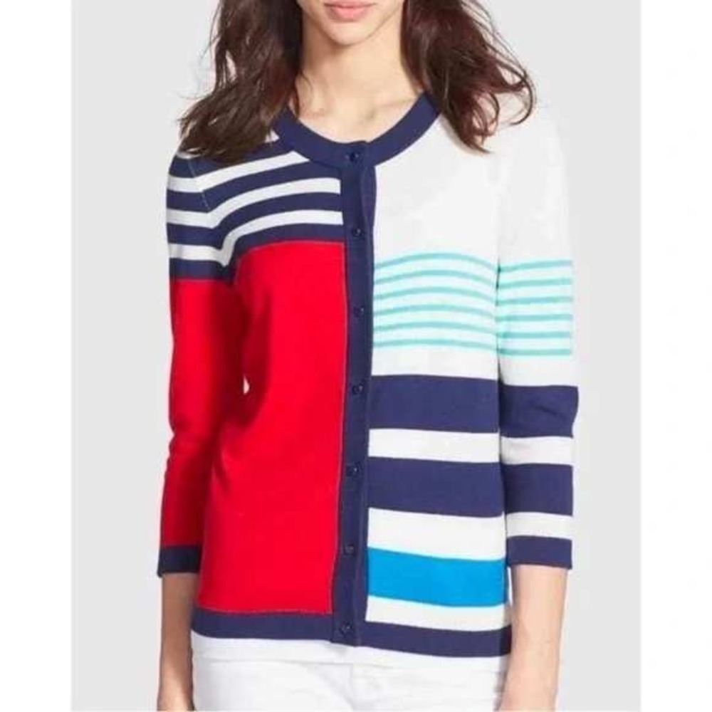 KATE SPADE Ollie‎ Stripe Cotton Cashmere Cardigan in Multi Monaco Stripe M
